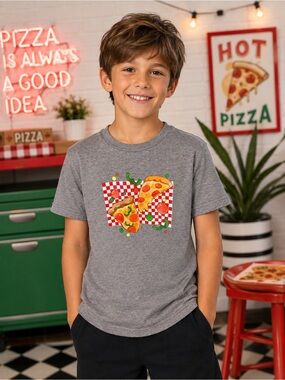 Pizza Graphic T-Shirt Kids Children’s Small Gray Short Sleeve NWOT